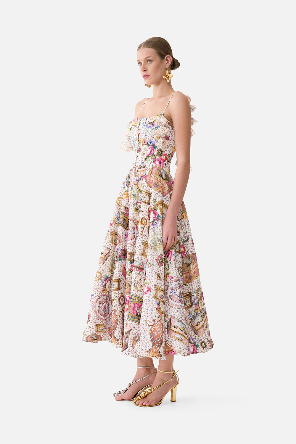 The CAMILLA Corset Dress With Long Flared Skirt in our In The Heart Of Art print.