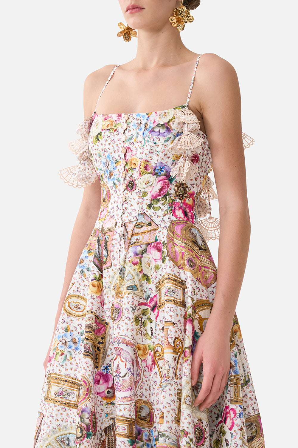 The CAMILLA Corset Dress With Long Flared Skirt in our In The Heart Of Art print.