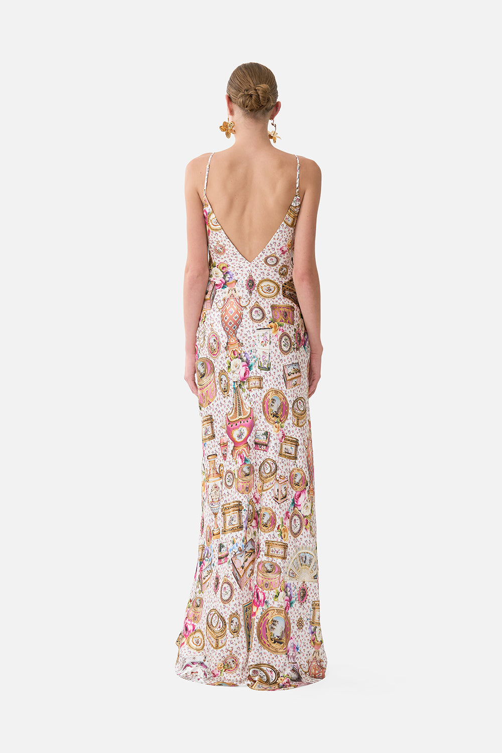 The CAMILLA V-Neck Long Bias Slip Dress With Train in our In The Heart Of Art print.