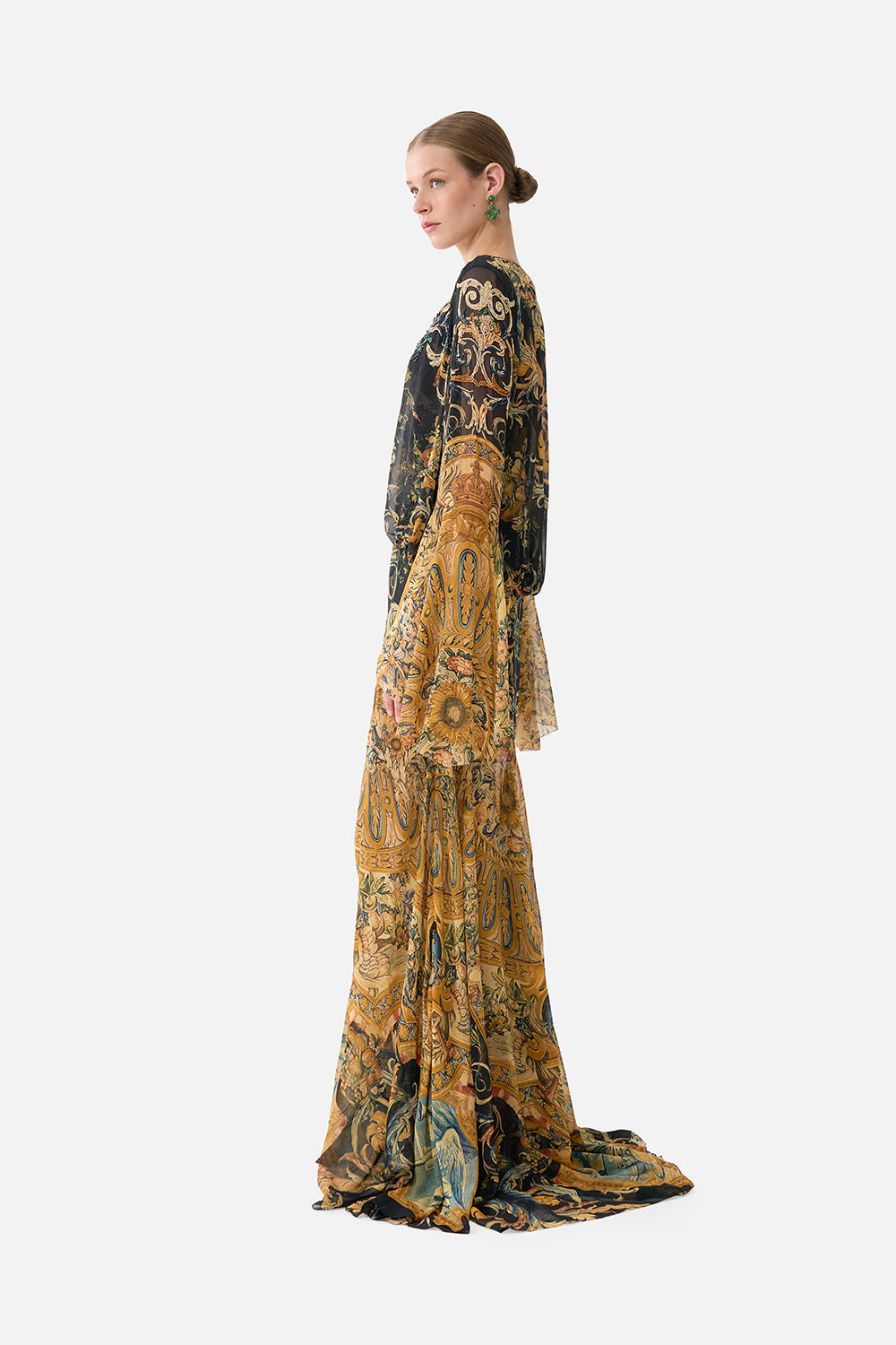 The CAMILLA Low Cut Lace Up Front Long Dress in our Museum Memoirs print.