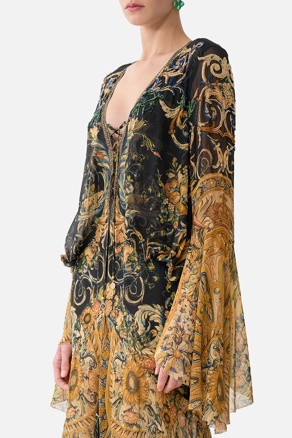 The CAMILLA Low Cut Lace Up Front Long Dress in our Museum Memoirs print.