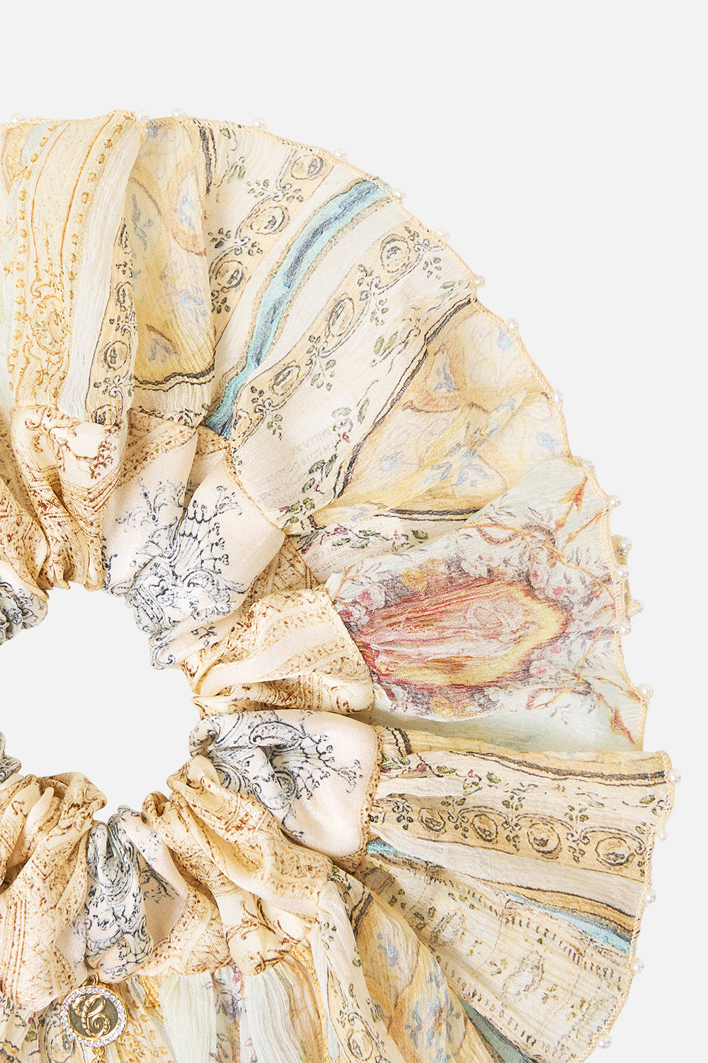The CAMILLA Scrunchie With Frill Edge in our A Beloved Boudoir print.