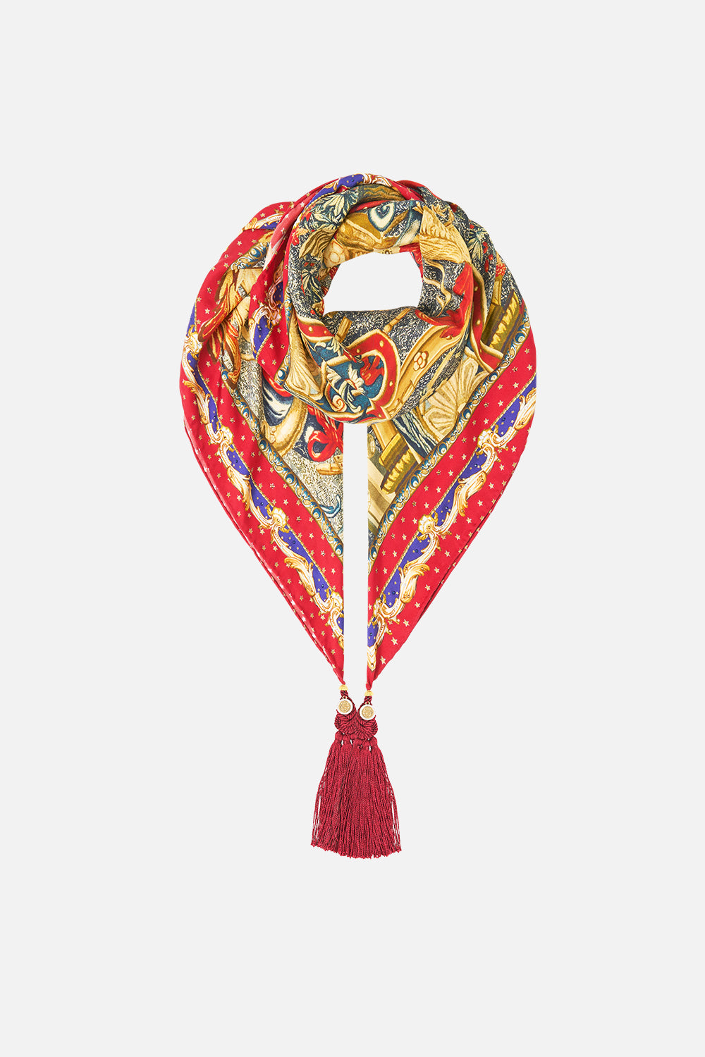 The CAMILLA Large Crystalled Silk Square Scarf in our Meet Me At The Met print.