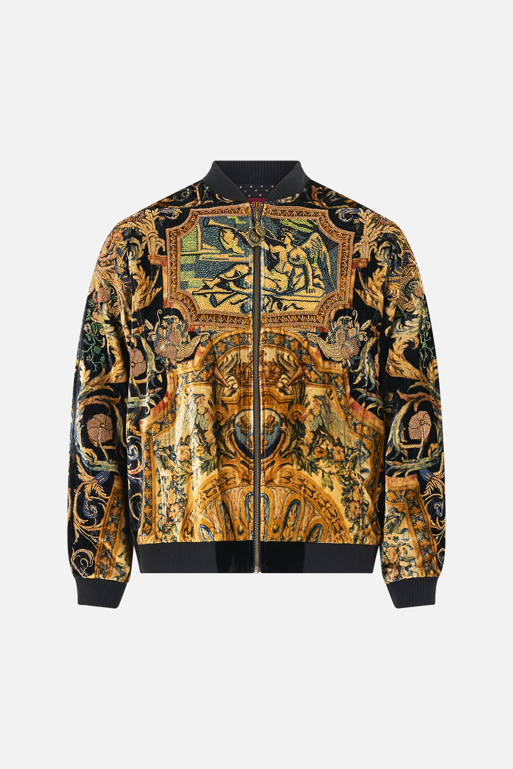 The CAMILLA Zip Through Bomber Jacket in our Museum Memoirs print.