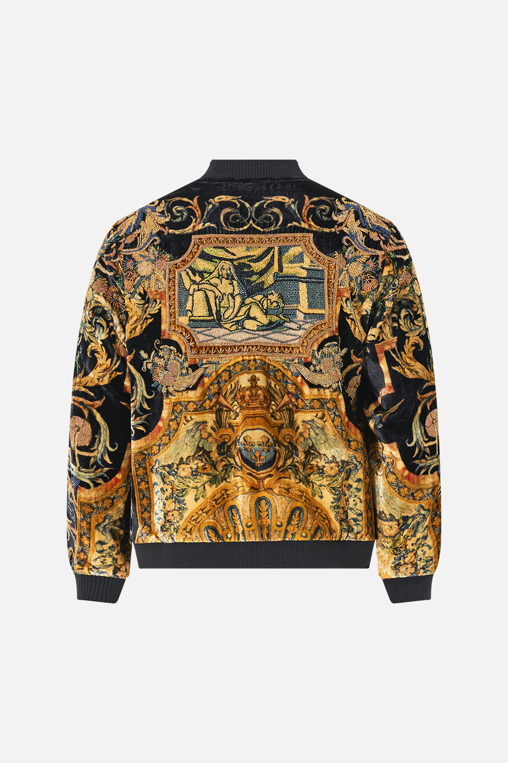 The CAMILLA Zip Through Bomber Jacket in our Museum Memoirs print.