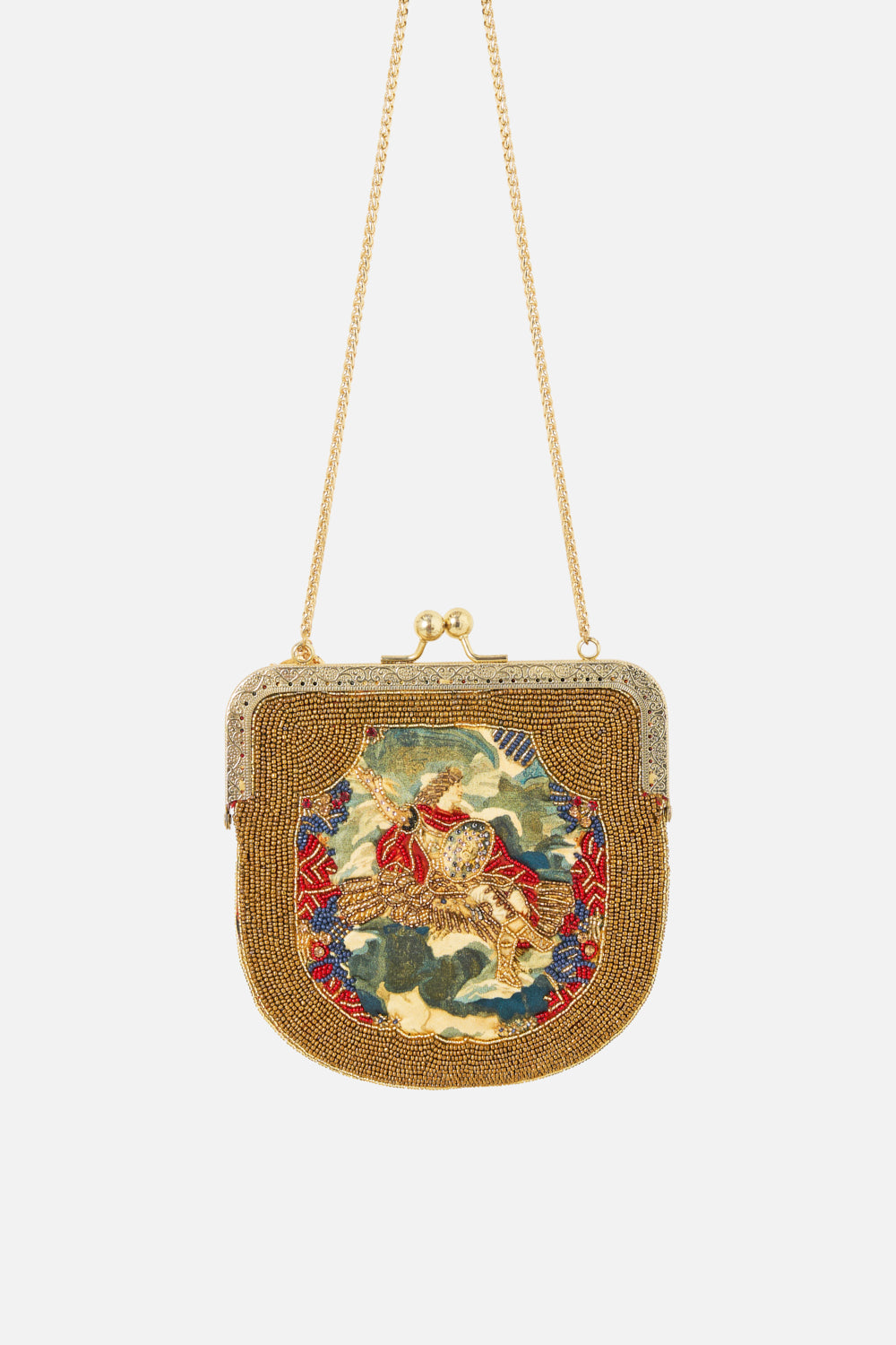 The CAMILLA Silk Pouch With Metal Frame Closure in our Meet Me At The Met print.