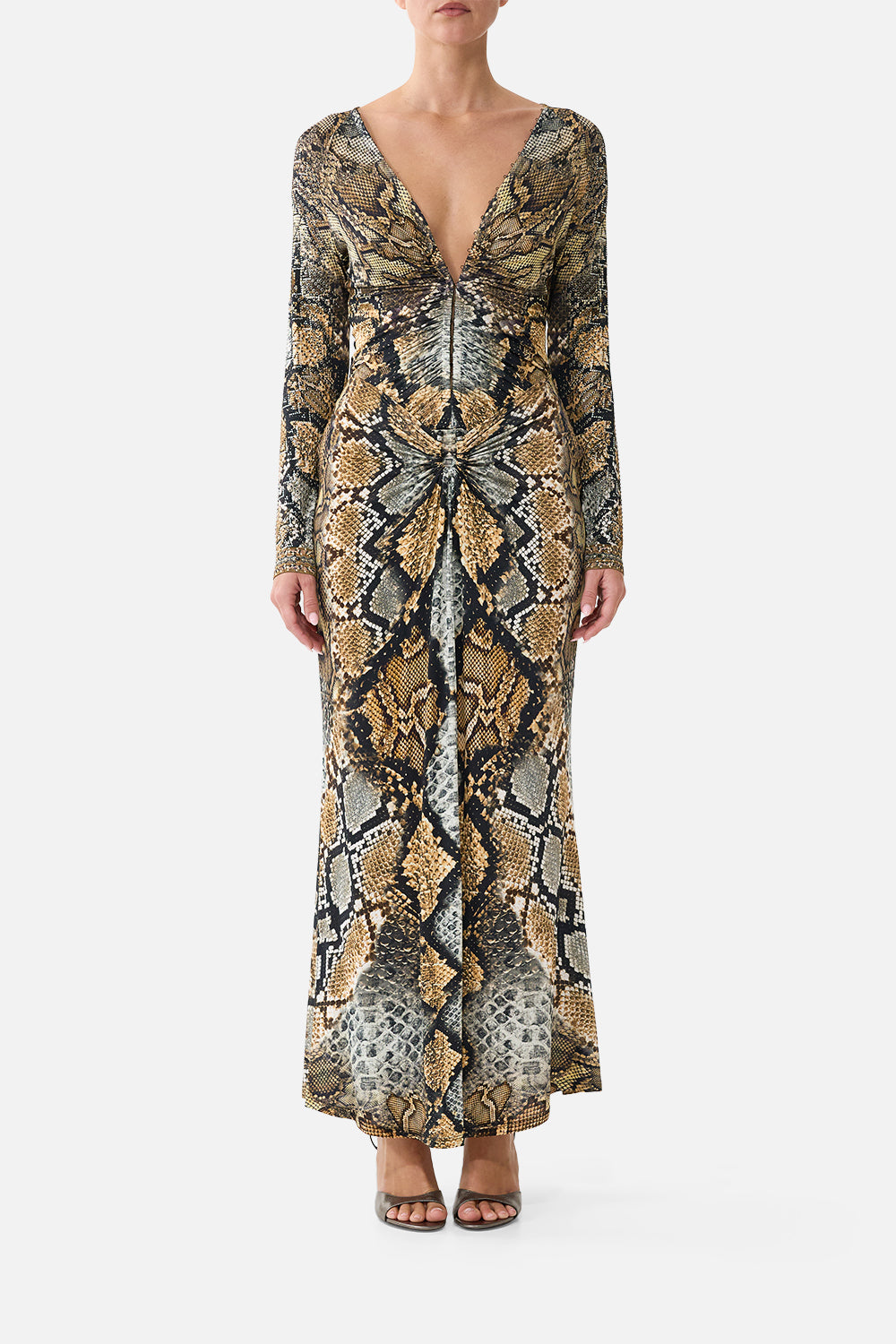 GATHERED V NECK LONG DRESS ANIMALIA HEIRLOOMS