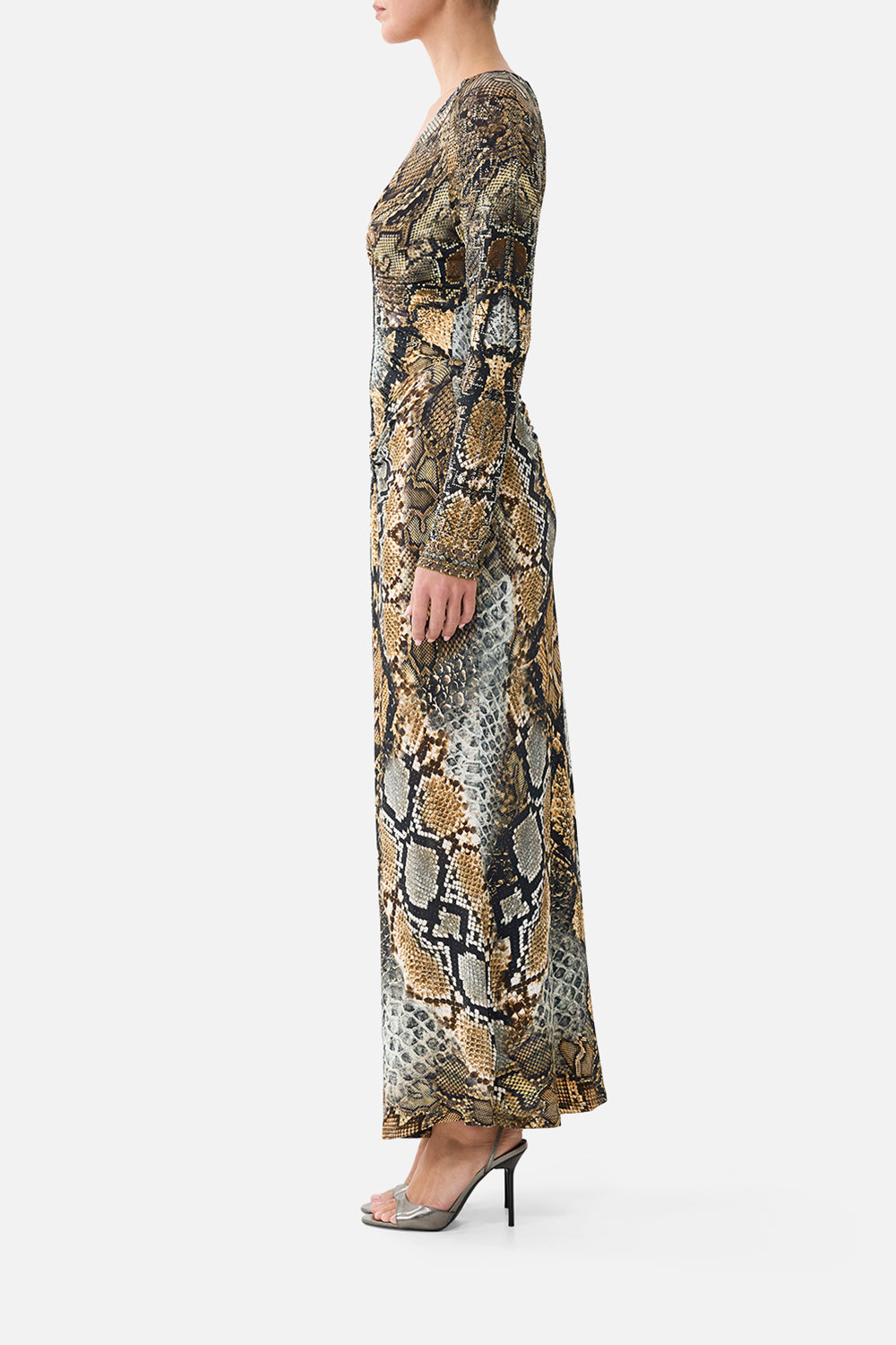 GATHERED V NECK LONG DRESS ANIMALIA HEIRLOOMS