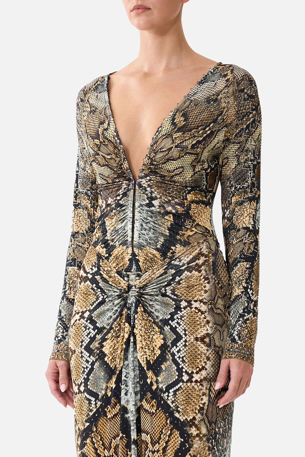 GATHERED V NECK LONG DRESS ANIMALIA HEIRLOOMS
