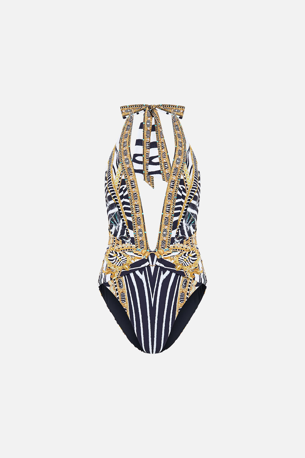 PLUNGE HALTER ONE PIECE WITH PLEATED WAIST TRIM ZIG ZAG ZOO