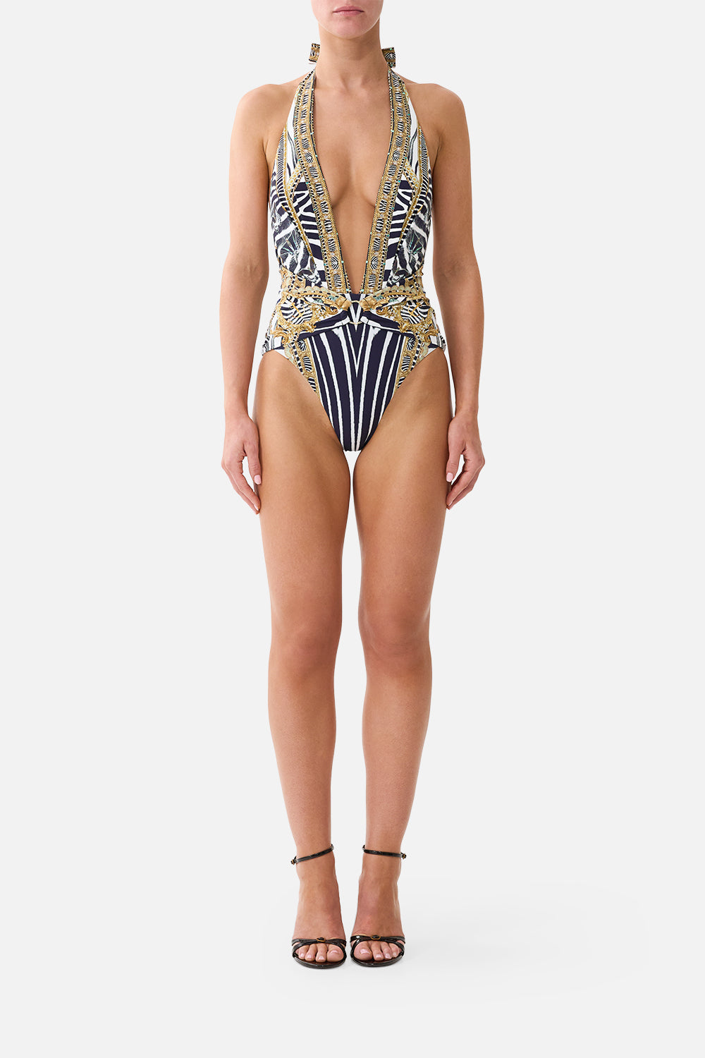 PLUNGE HALTER ONE PIECE W PLEATED WAIST TRIM ZIG ZAG ZOO