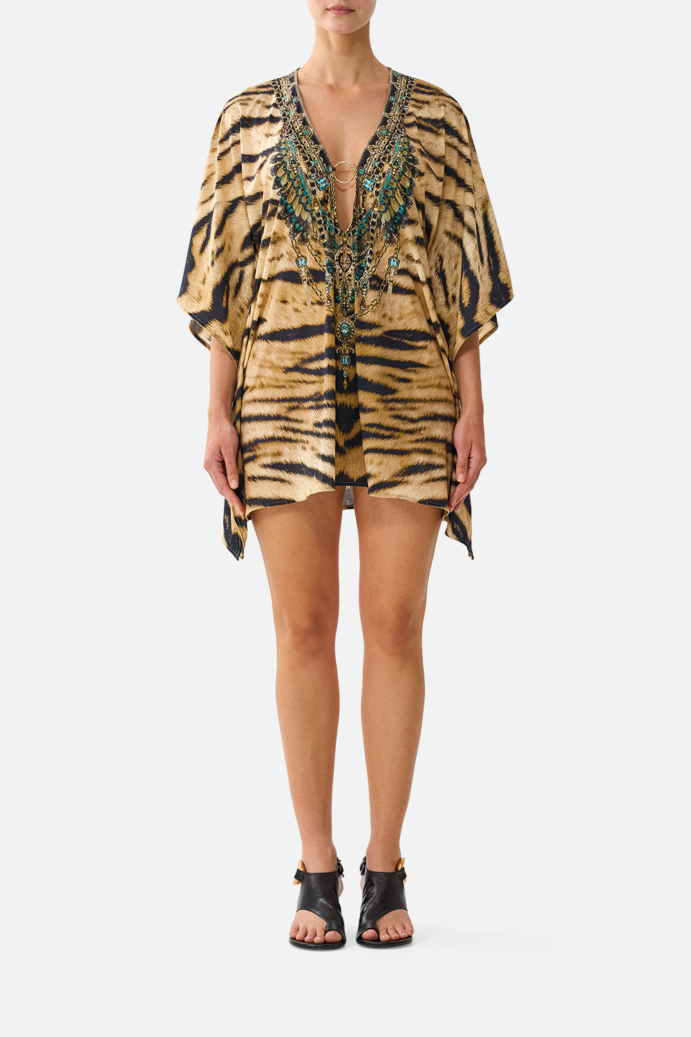 SHORT V NECK KAFTAN W RING FRONT TRIM A WINK TO THE WILD