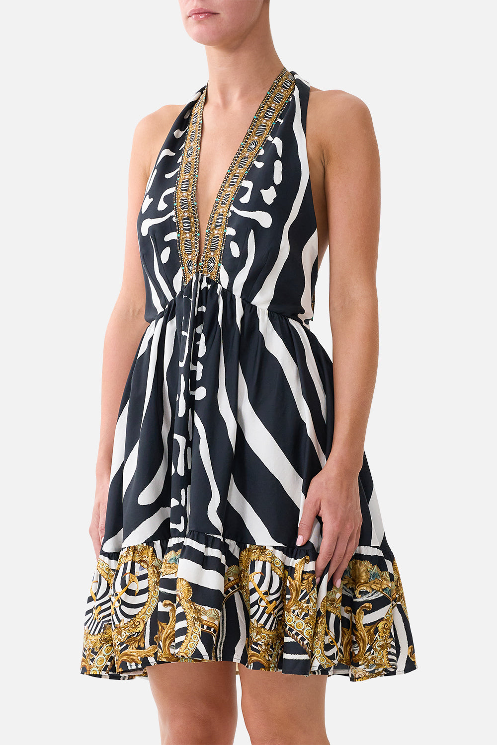 RUFFLE HEM HALTER SHORT DRESS ZIG ZAG ZOO