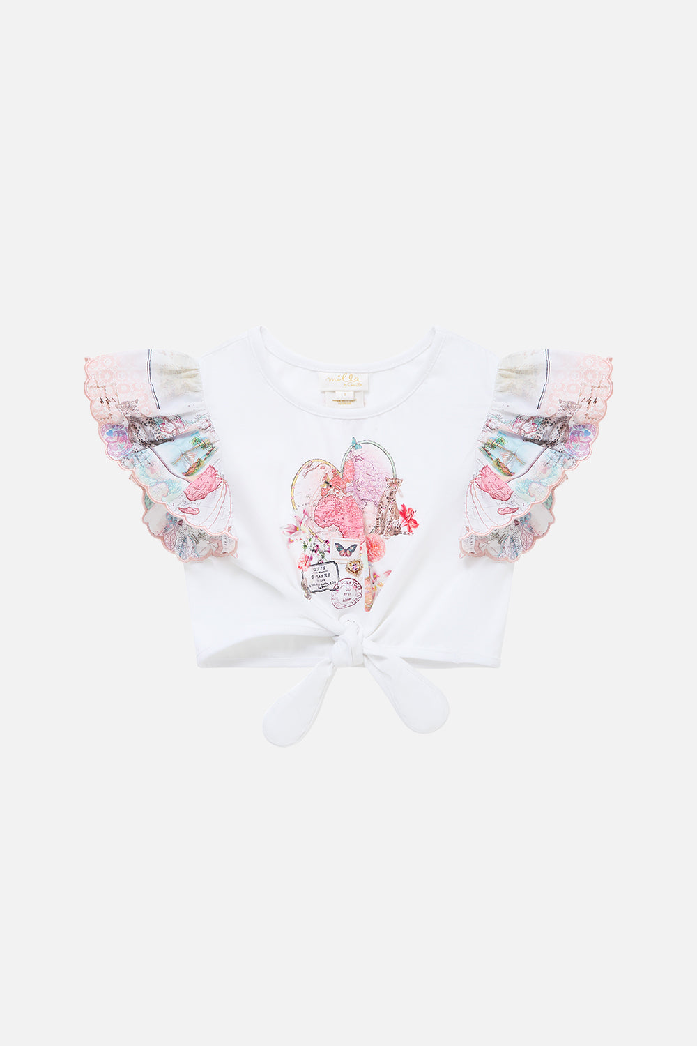 KIDS TIE FRONT CROP TEE WITH FRILL SLEEVE JOURNAL DE VOYAGE