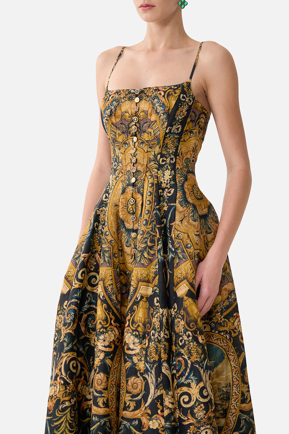 The CAMILLA Corset Dress With Long Flared Skirt in our Museum Memoirs print.