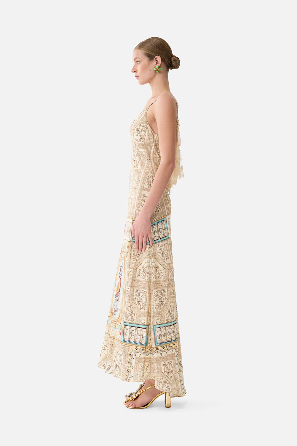The CAMILLA V Neck Bias Slip Dress With Back Frill in our A Beloved Boudoir print.