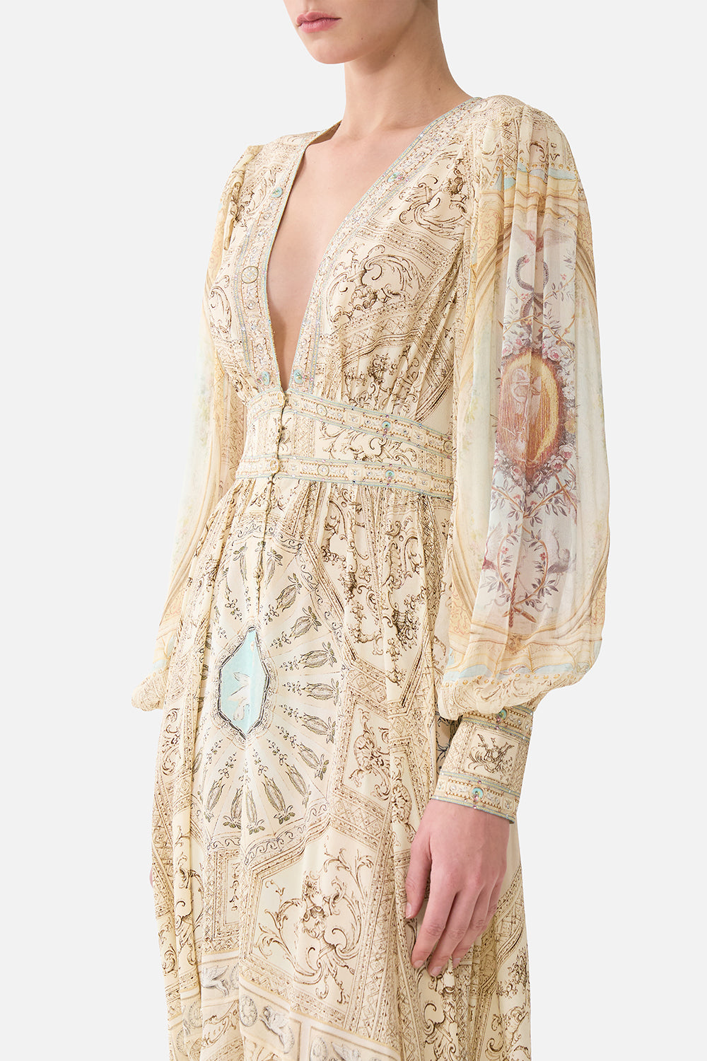 The CAMILLA Long Button Front Dress in our A Beloved Boudoir print.