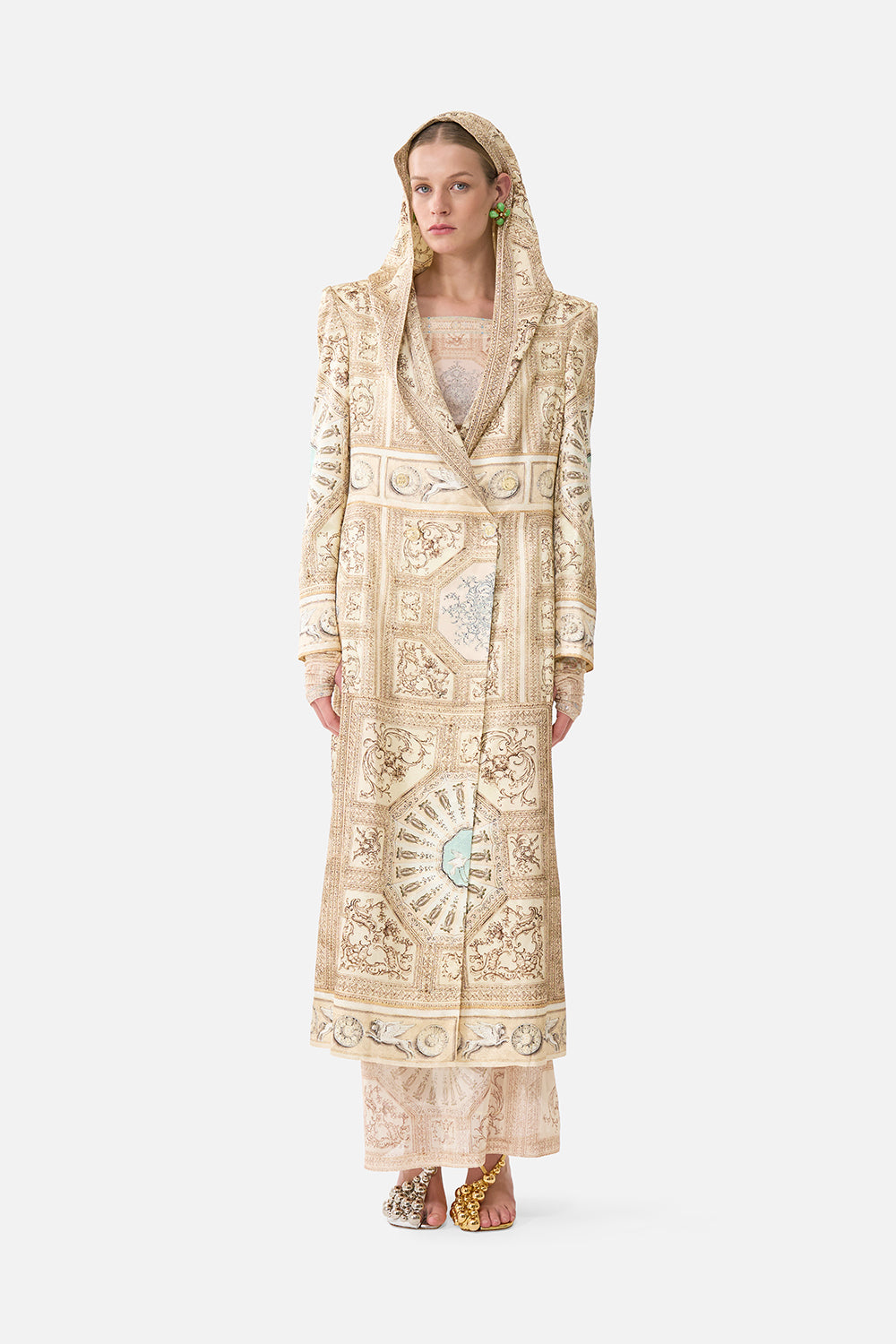 The CAMILLA Long Coat With Hood in our A Beloved Boudoir print.