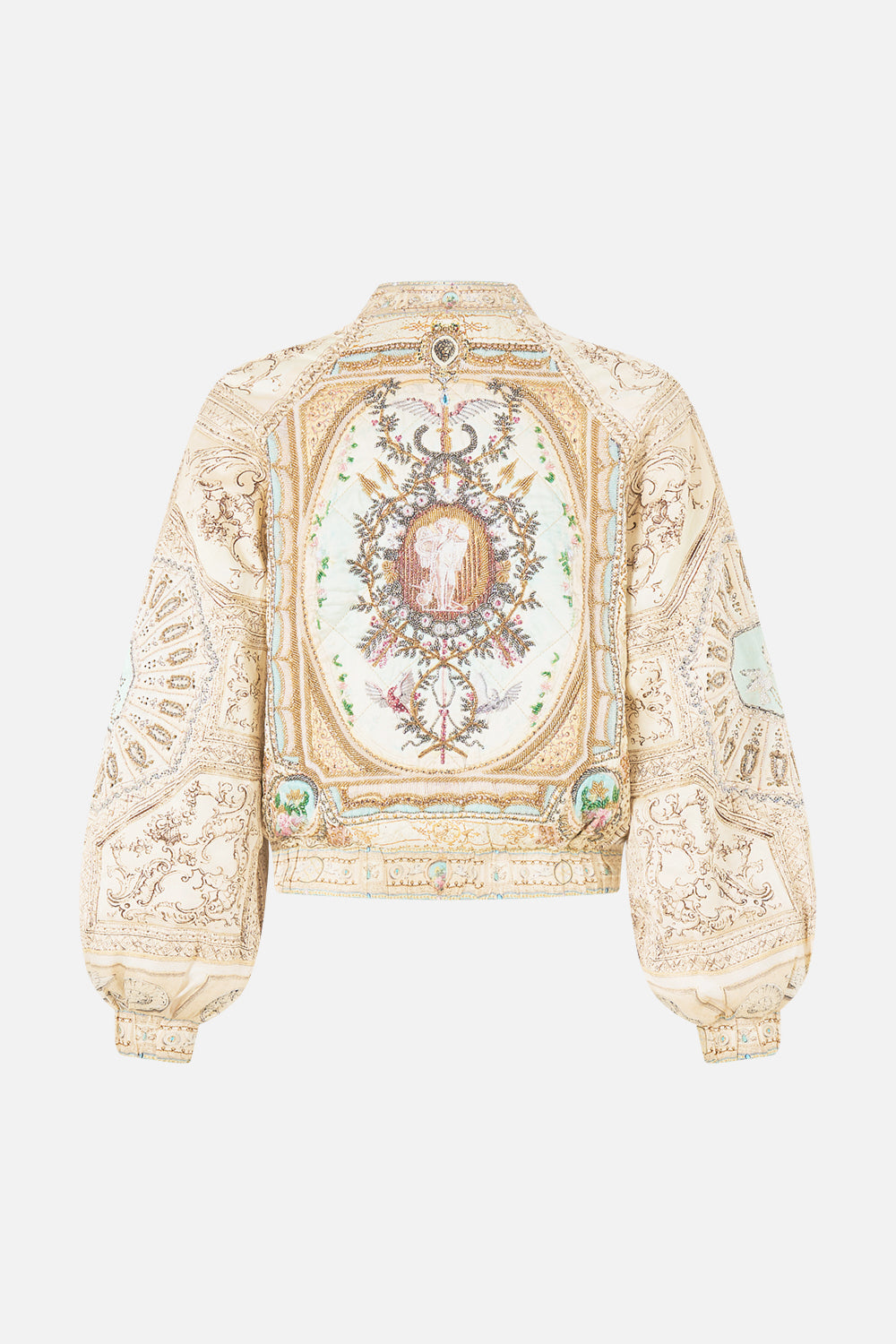 The CAMILLA Raglan Sleeve Bomber Jacket in our A Beloved Boudoir print.
