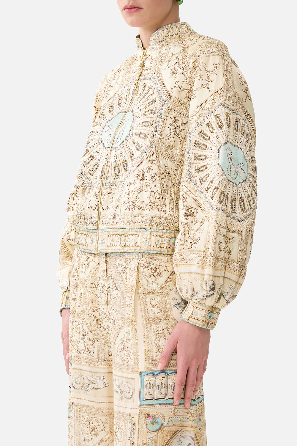 The CAMILLA Raglan Sleeve Bomber Jacket in our A Beloved Boudoir print.