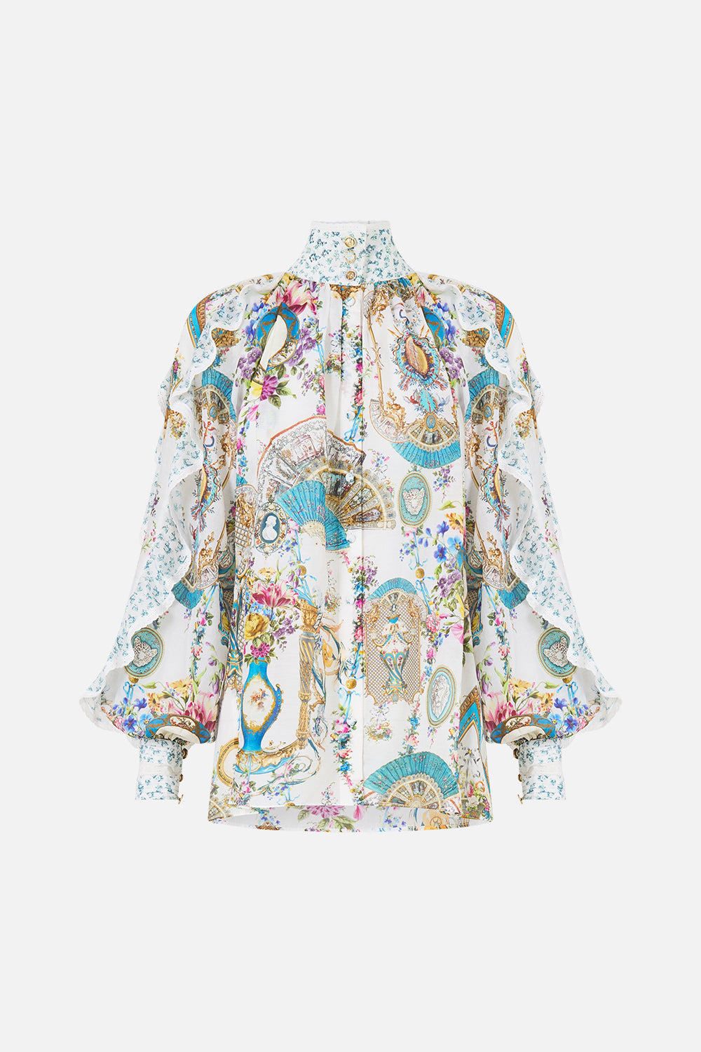 The CAMILLA Relaxed Blouse With Frill Sleeve Detail in our Art For The Artisans print.
