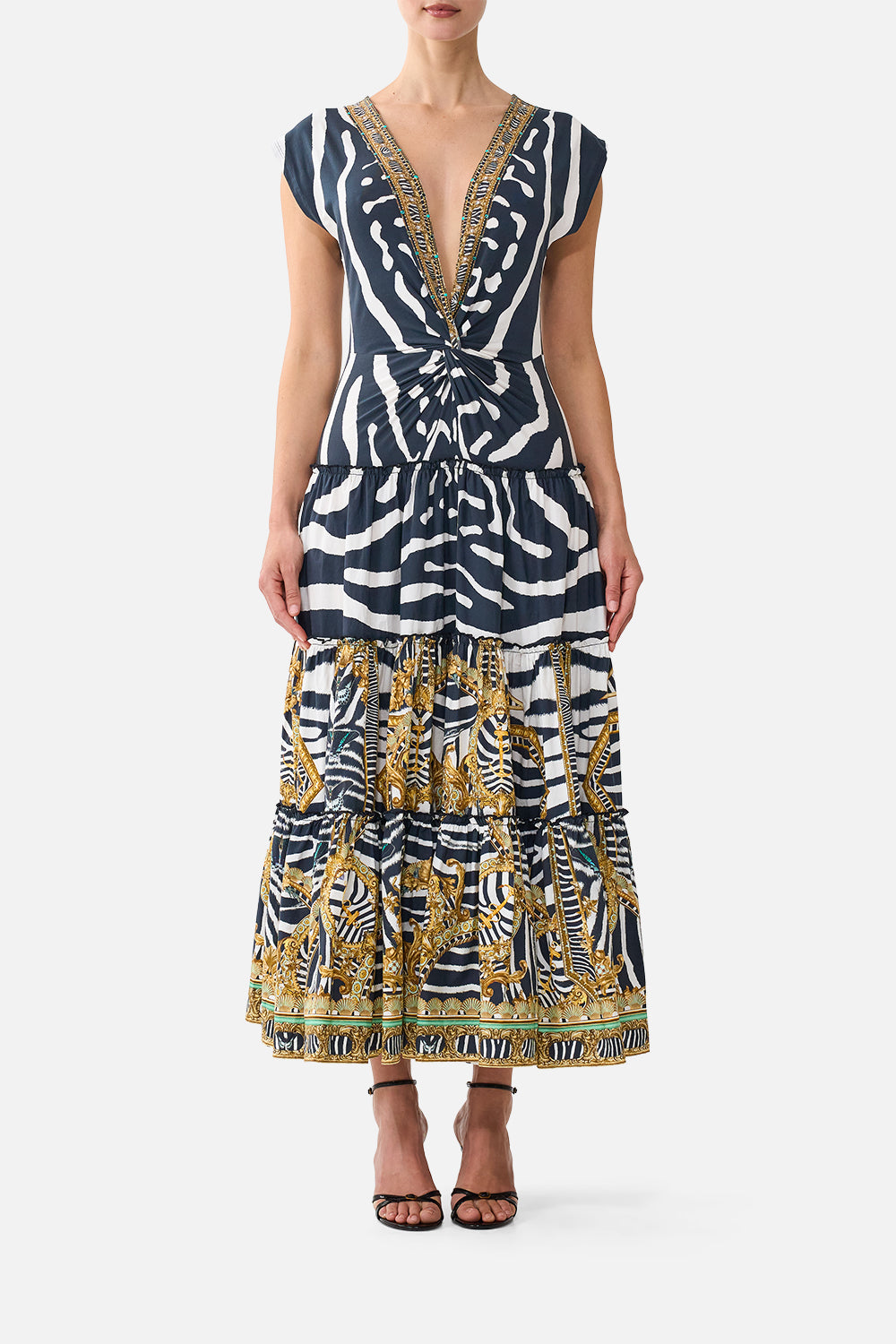 V-NECK DROP WAIST MIDI DRESS ZIG ZAG ZOO