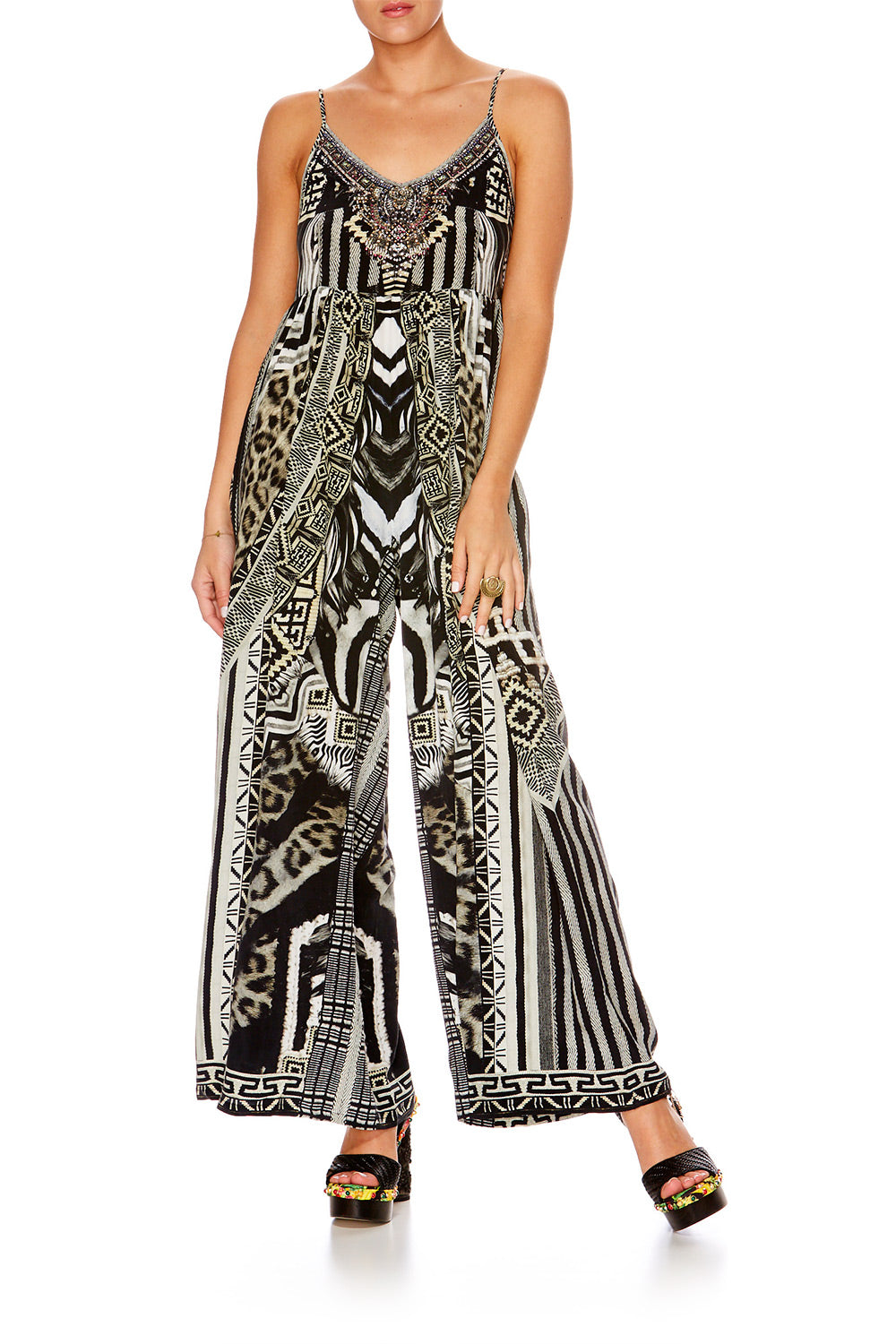 TRIBAL THEORY GATHERED WIDE LEG JUMPSUIT