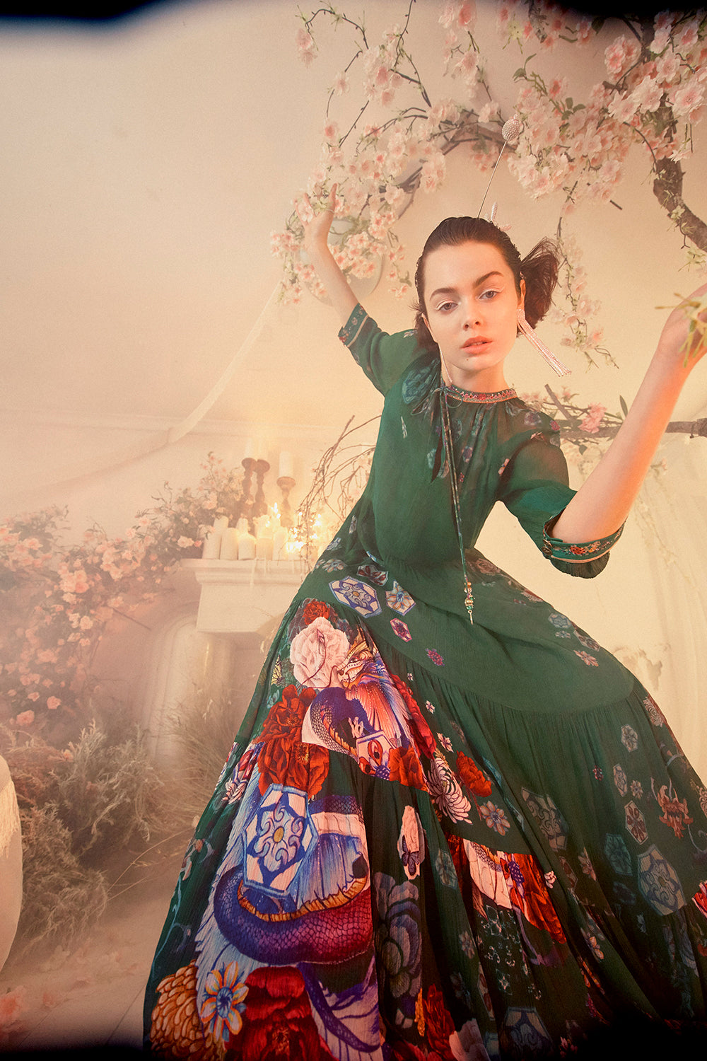 LONG GATHERED PANEL DRESS EMERALD'S ORBIT