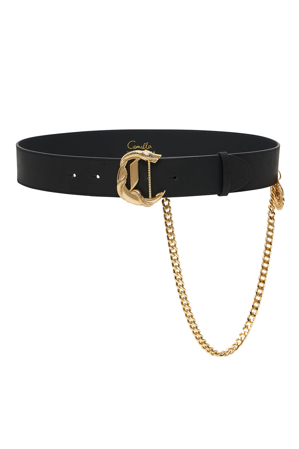 C BUCKLE LEATHER BELT WITH CHAIN SOLID BLACK