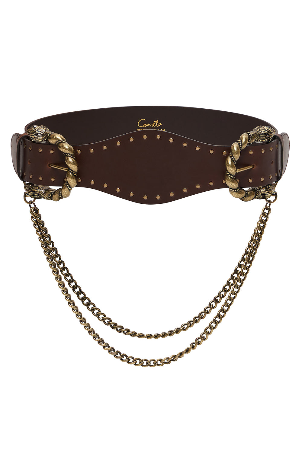 DOUBLE LION BUCKLE BELT WITH CHAIN SOLID BROWN