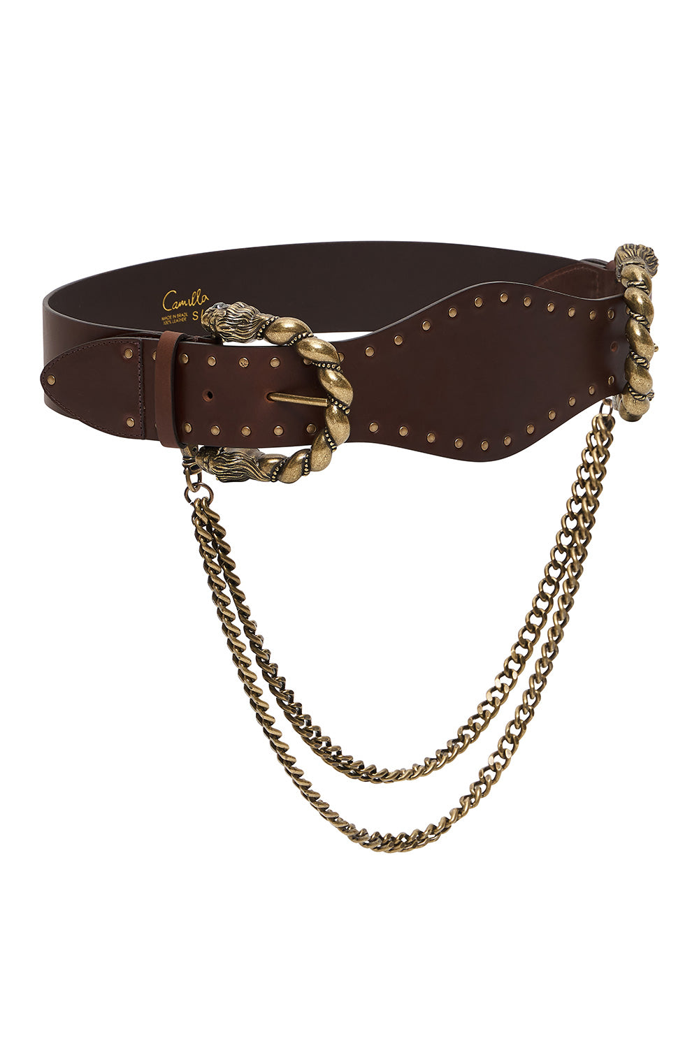 DOUBLE LION BUCKLE BELT WITH CHAIN SOLID BROWN