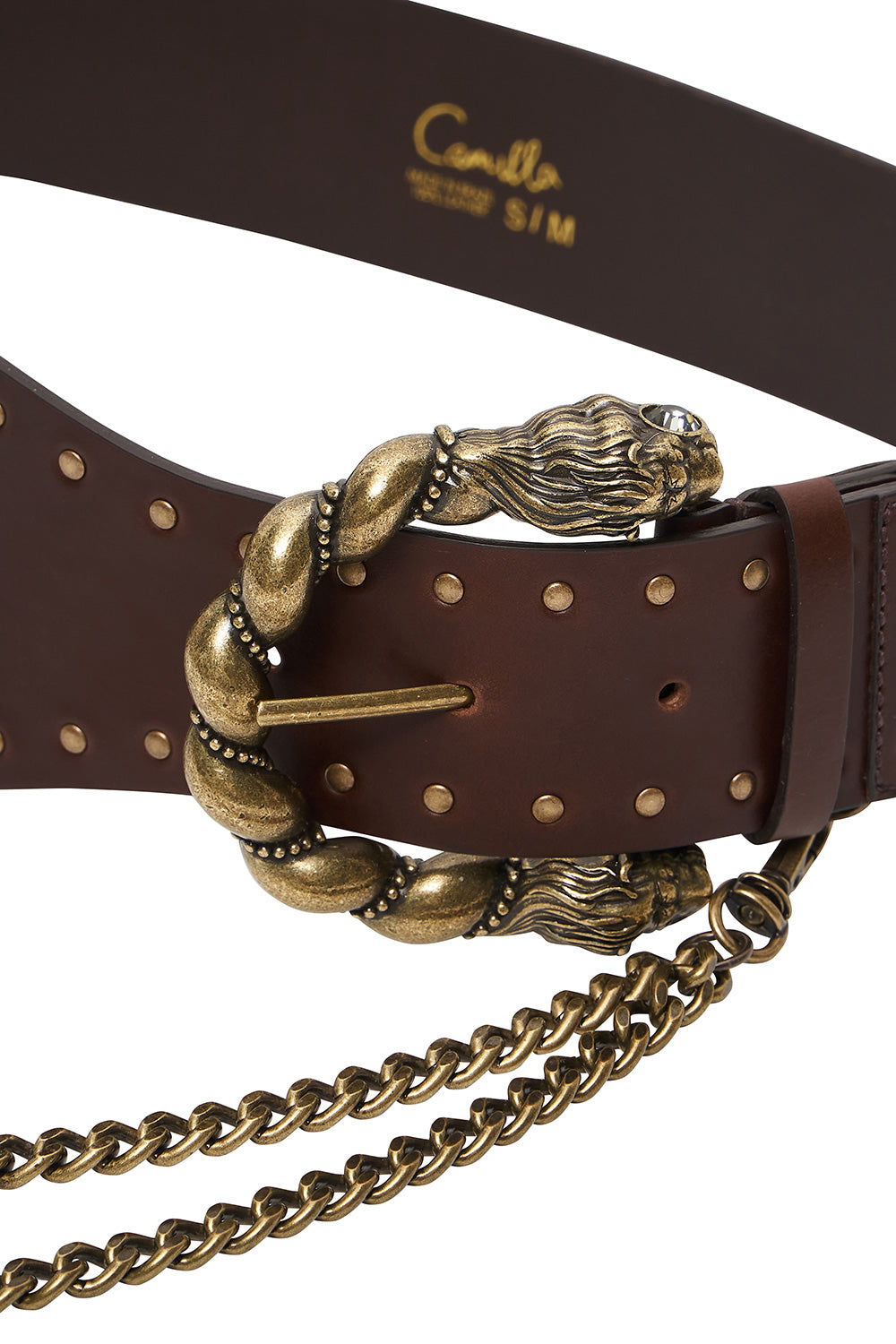 DOUBLE LION BUCKLE BELT WITH CHAIN SOLID BROWN
