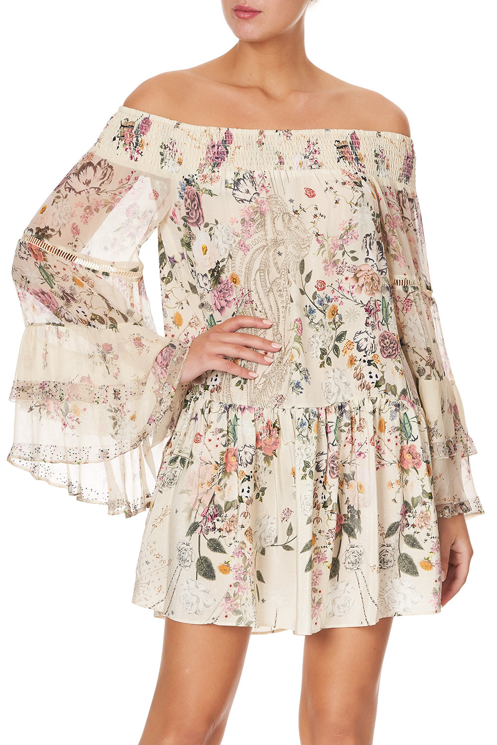 OFF SHOULDER DRESS WITH SMOCKING PHOENIX FLOWER