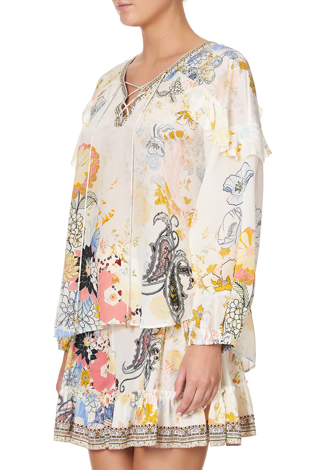 BLOUSON SLEEVE LACE UP BLOUSE BRITAIN BOUQUET