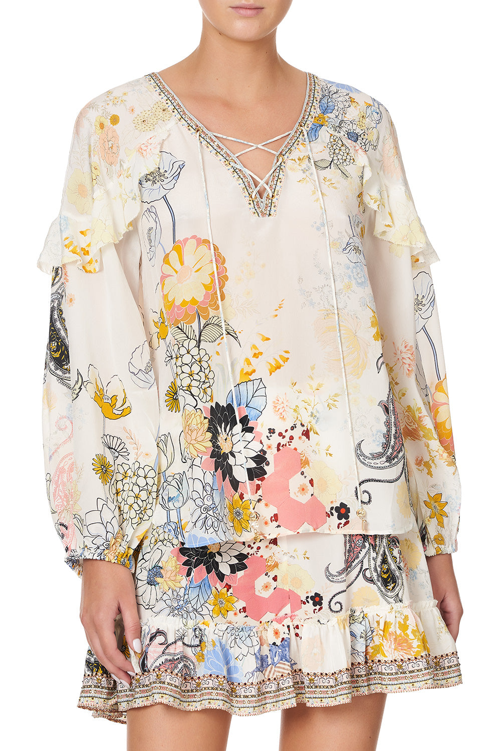 BLOUSON SLEEVE LACE UP BLOUSE BRITAIN BOUQUET