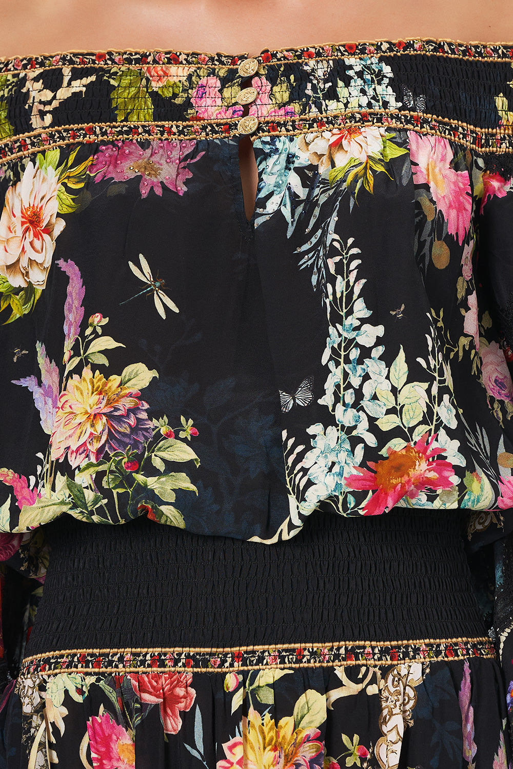 OFF SHOULDER SHIRRED DRESS HAMPTON HIVE