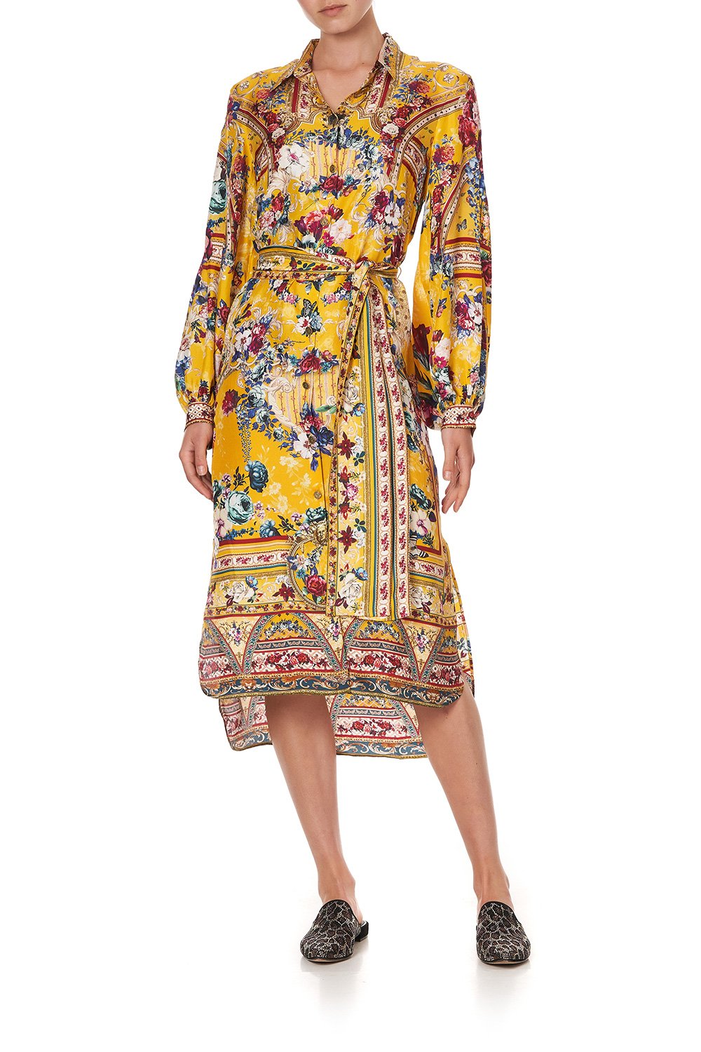 HIGH LOW MIDI SHIRT DRESS CROWNED ROSES