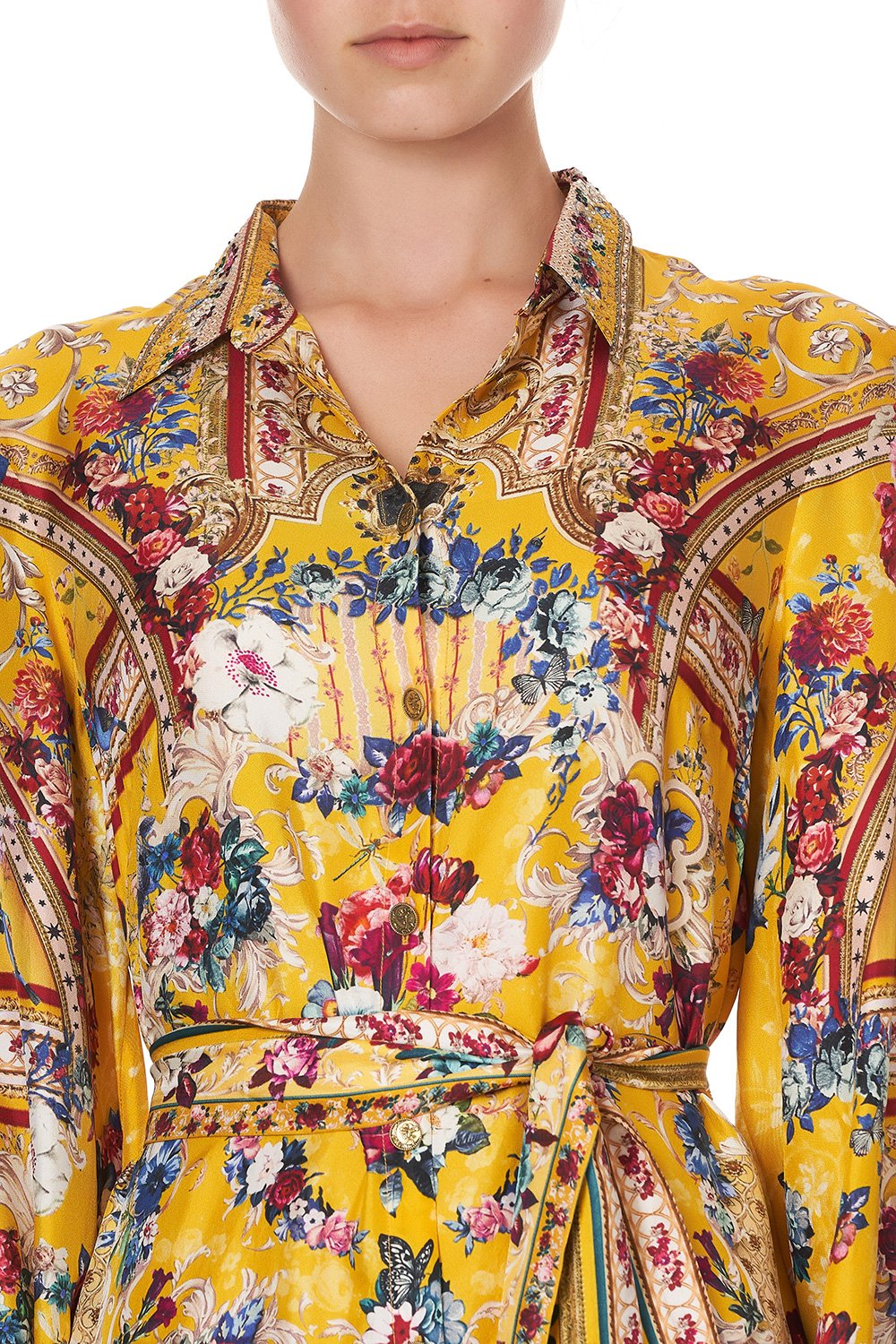 HIGH LOW MIDI SHIRT DRESS CROWNED ROSES