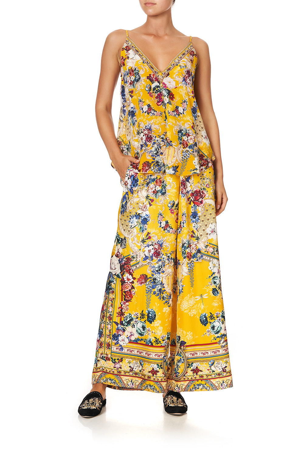 BUTTON FRONT V NECK CAMI CROWNED ROSES