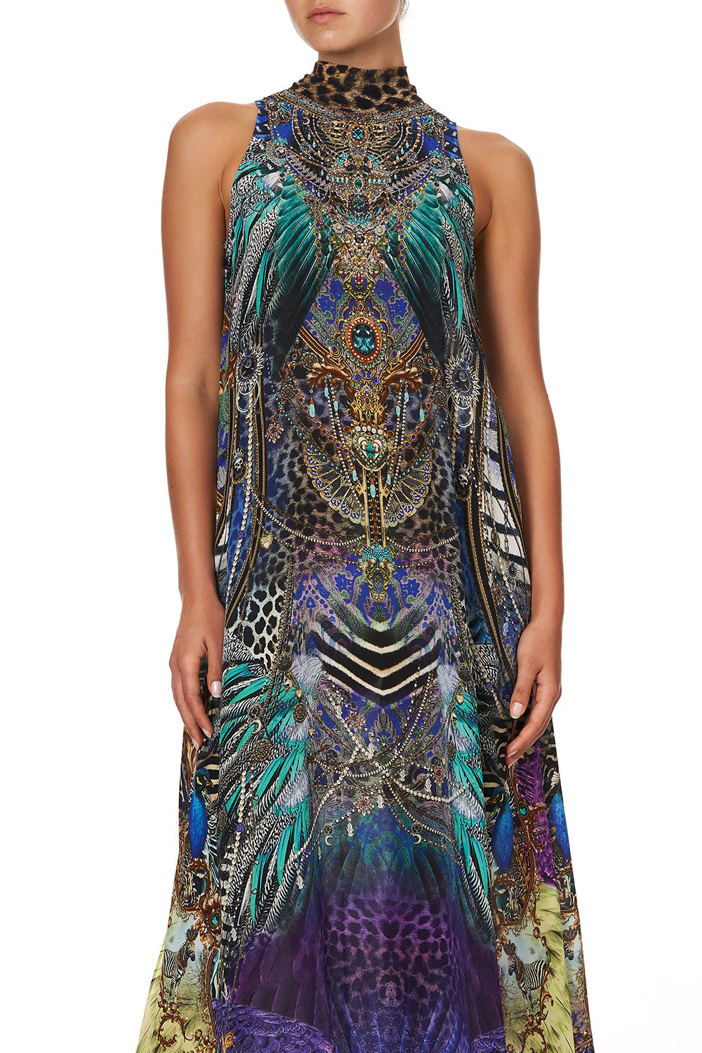 HIGH NECK DRESS WITH BACK NECK TIE ANIMAL ARMY