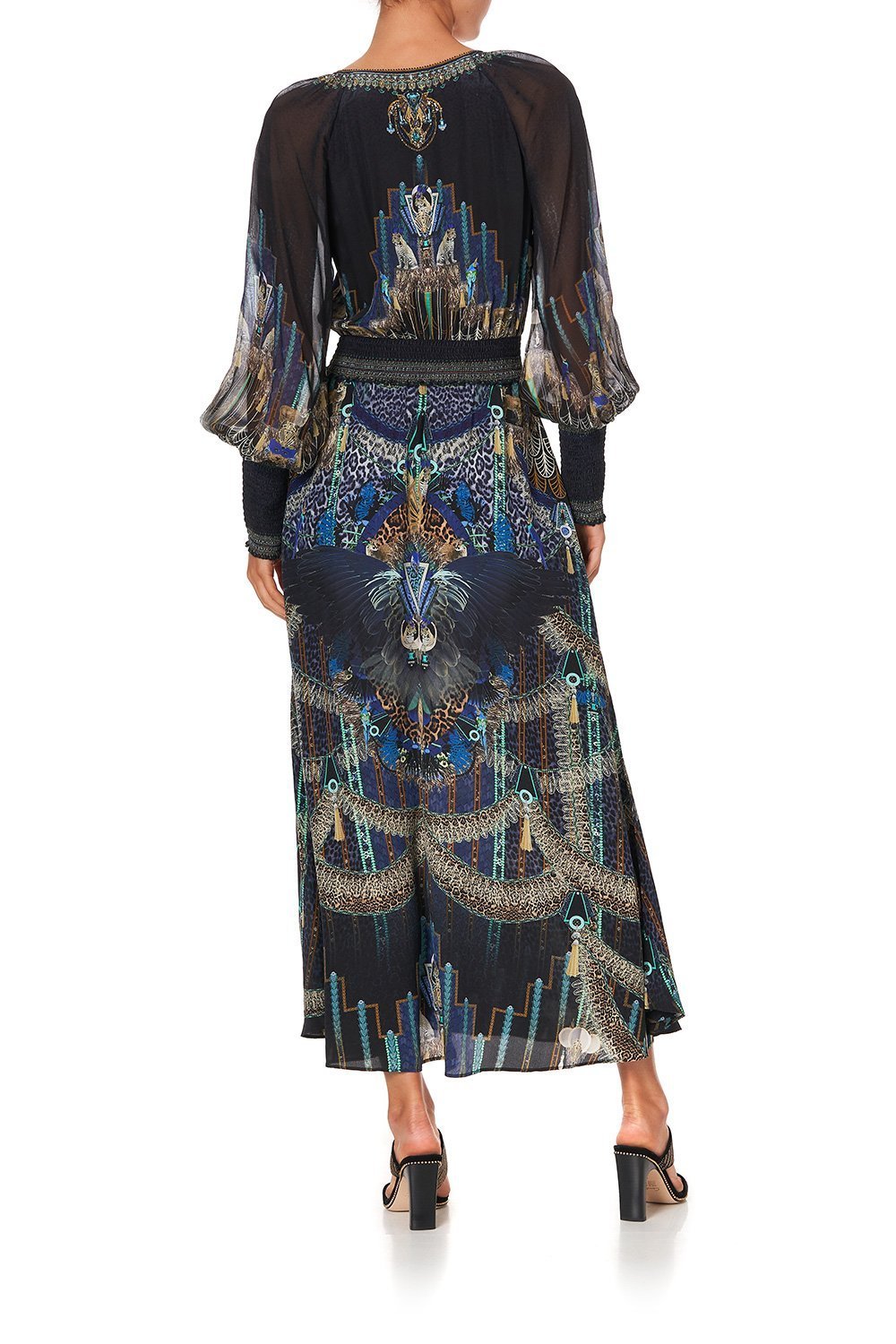 DRESS WITH SHIRRED WAIST AND CUFF DRIPPING IN DECO