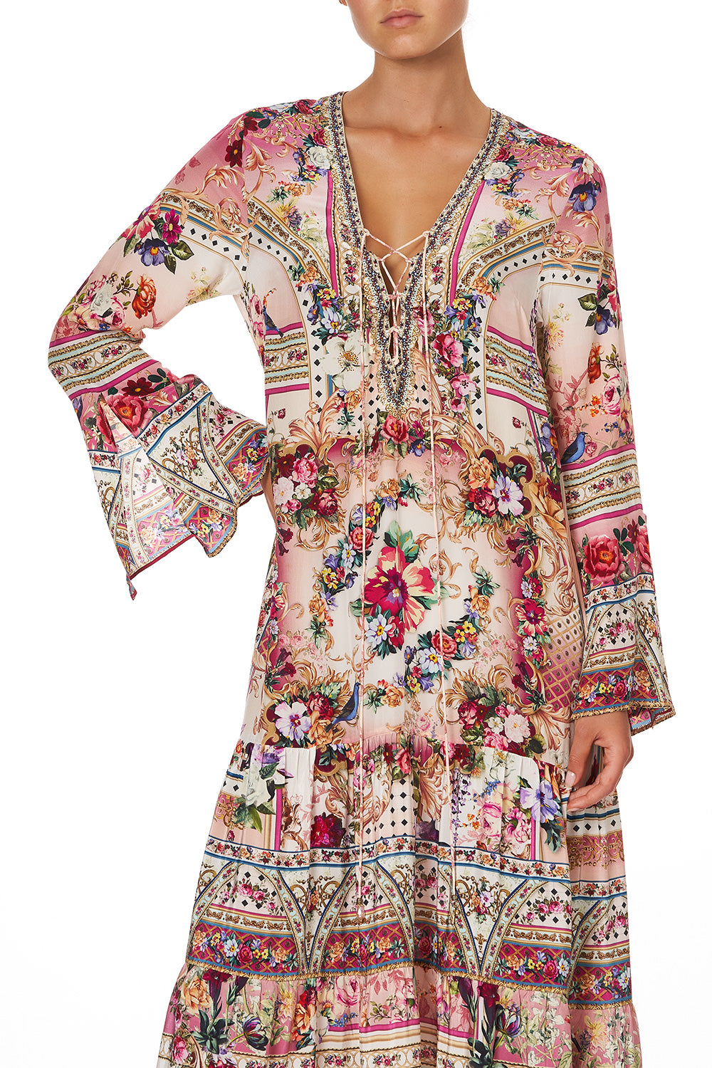 LACE UP DRESS WITH TIERED HEM SUMMONED BY A ROSE