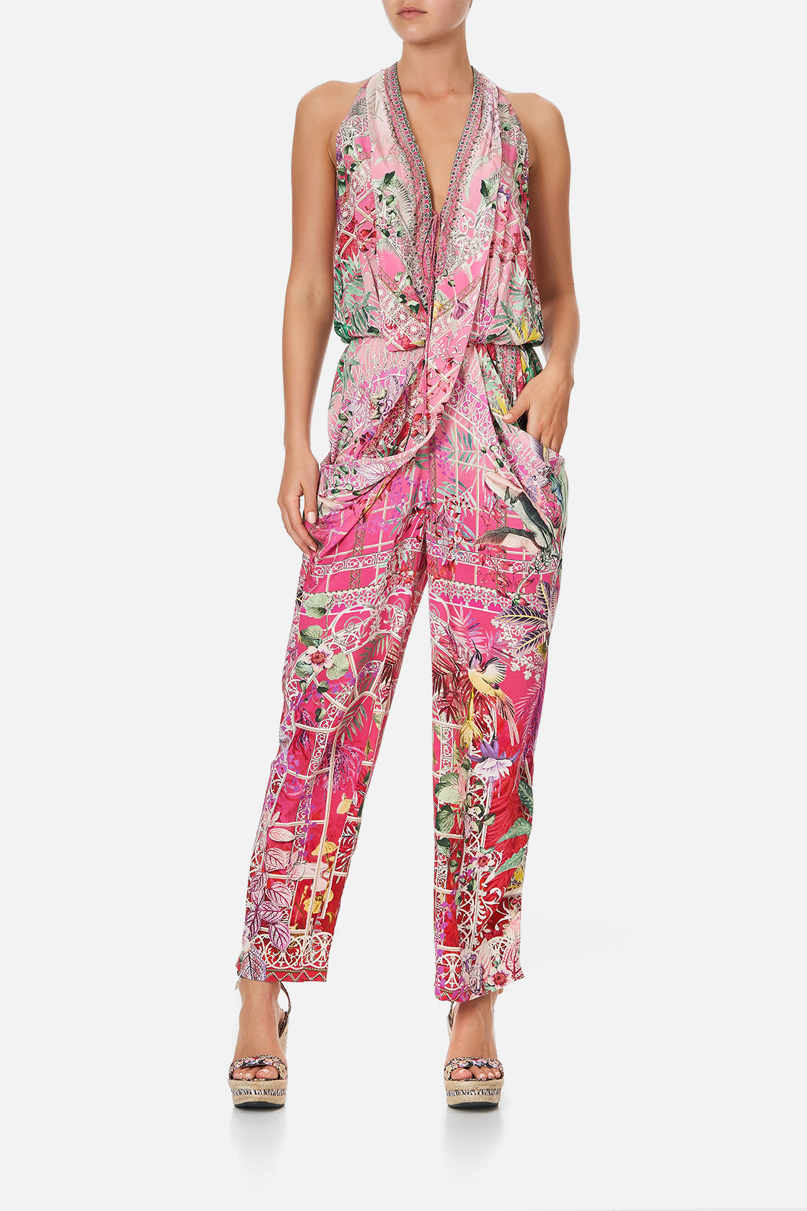 DRAPED FRONT BODICE JUMPSUIT WITH NECK TIE GLASSHOUSE ROMANCE