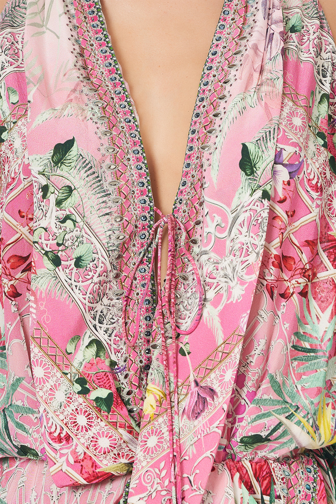 DRAPED FRONT BODICE JUMPSUIT WITH NECK TIE GLASSHOUSE ROMANCE