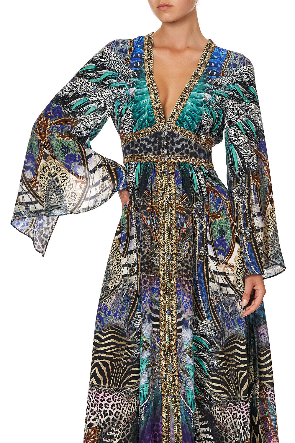 KIMONO SLEEVE DRESS WITH SHIRRING DETAIL ANIMAL ARMY