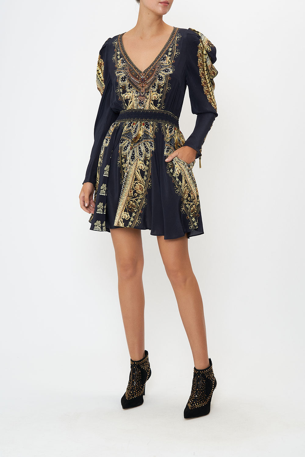 DRAPED SLEEVE SHIRRED DRESS ITS ALL OVER TORERO