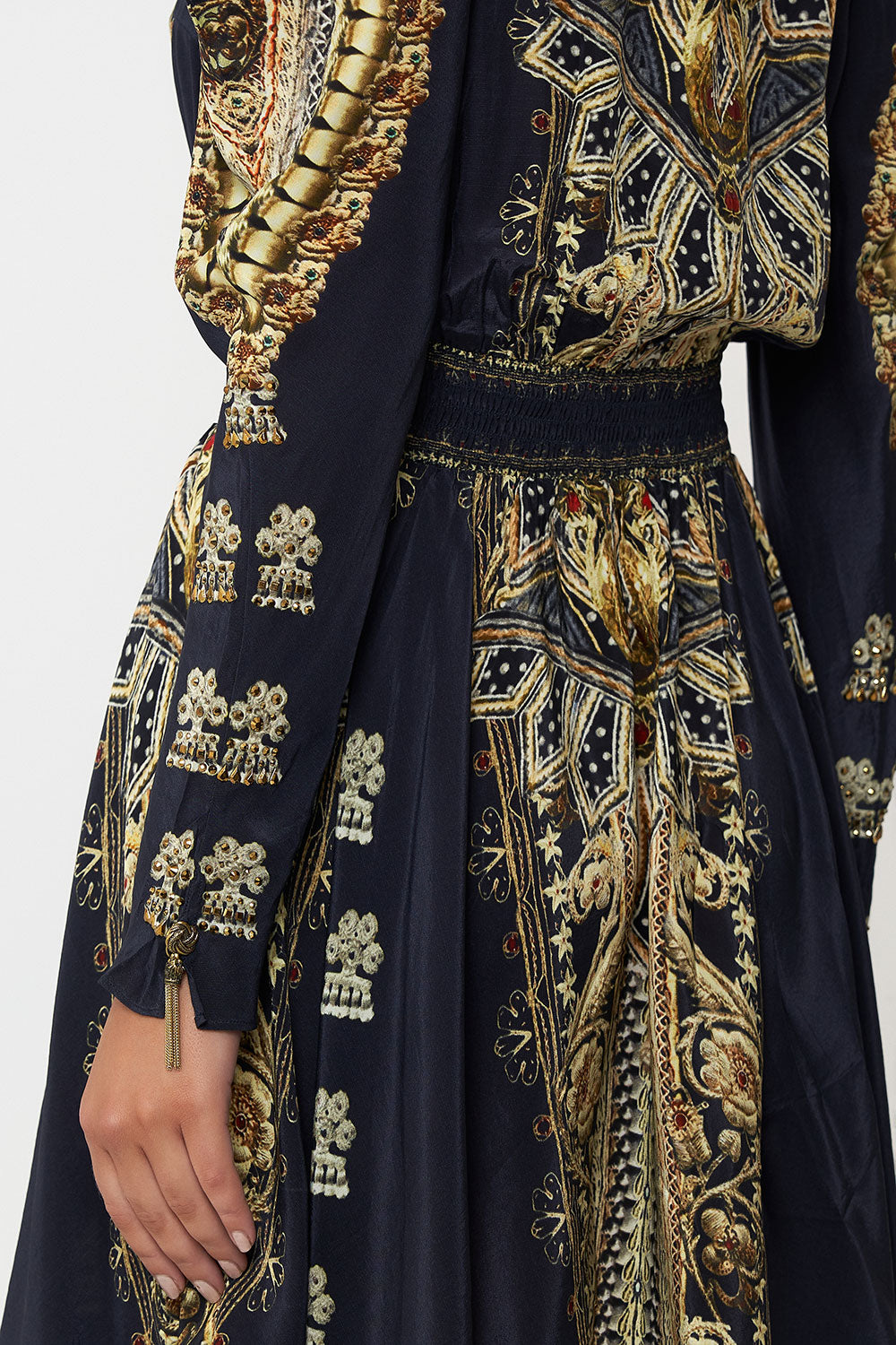 DRAPED SLEEVE SHIRRED DRESS ITS ALL OVER TORERO