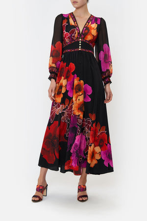 BUTTON DRESS WITH SHAPED WAISTBAND MIDNIGHT POPPY