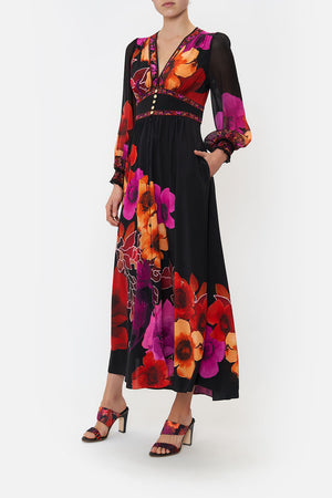 BUTTON DRESS WITH SHAPED WAISTBAND MIDNIGHT POPPY