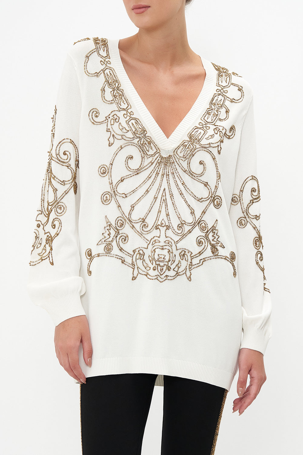 EMBELLISHED V NECK KNIT ARMADA